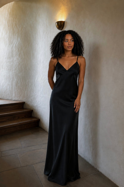 V-Neck Satin Maxi - Black