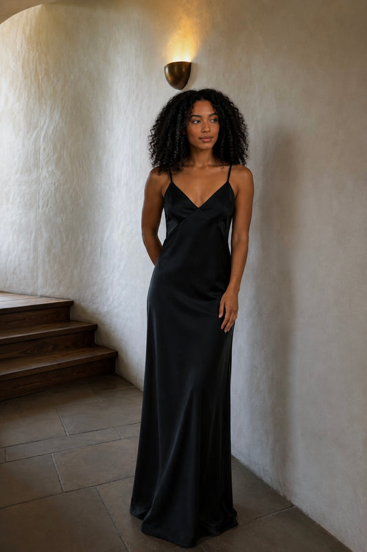 V-Neck Satin Maxi - Black