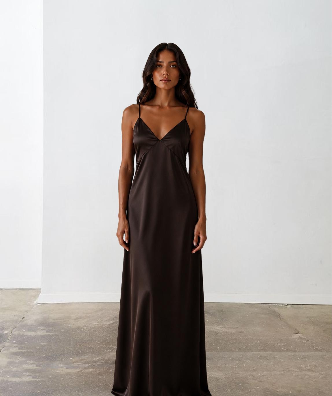 V-Neck Satin Maxi - Chocolate