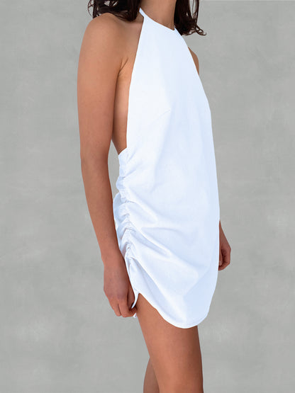 Ruched Linen Dress - White